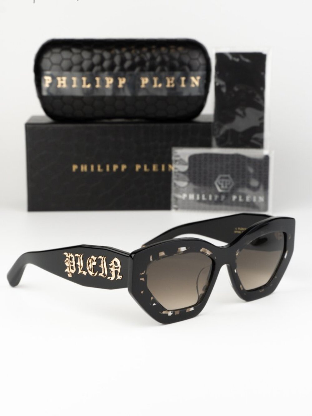 Philipp Plein Women Sunglasses Black Havana Green Grad Cat Eye SPP099M 0700 NEW